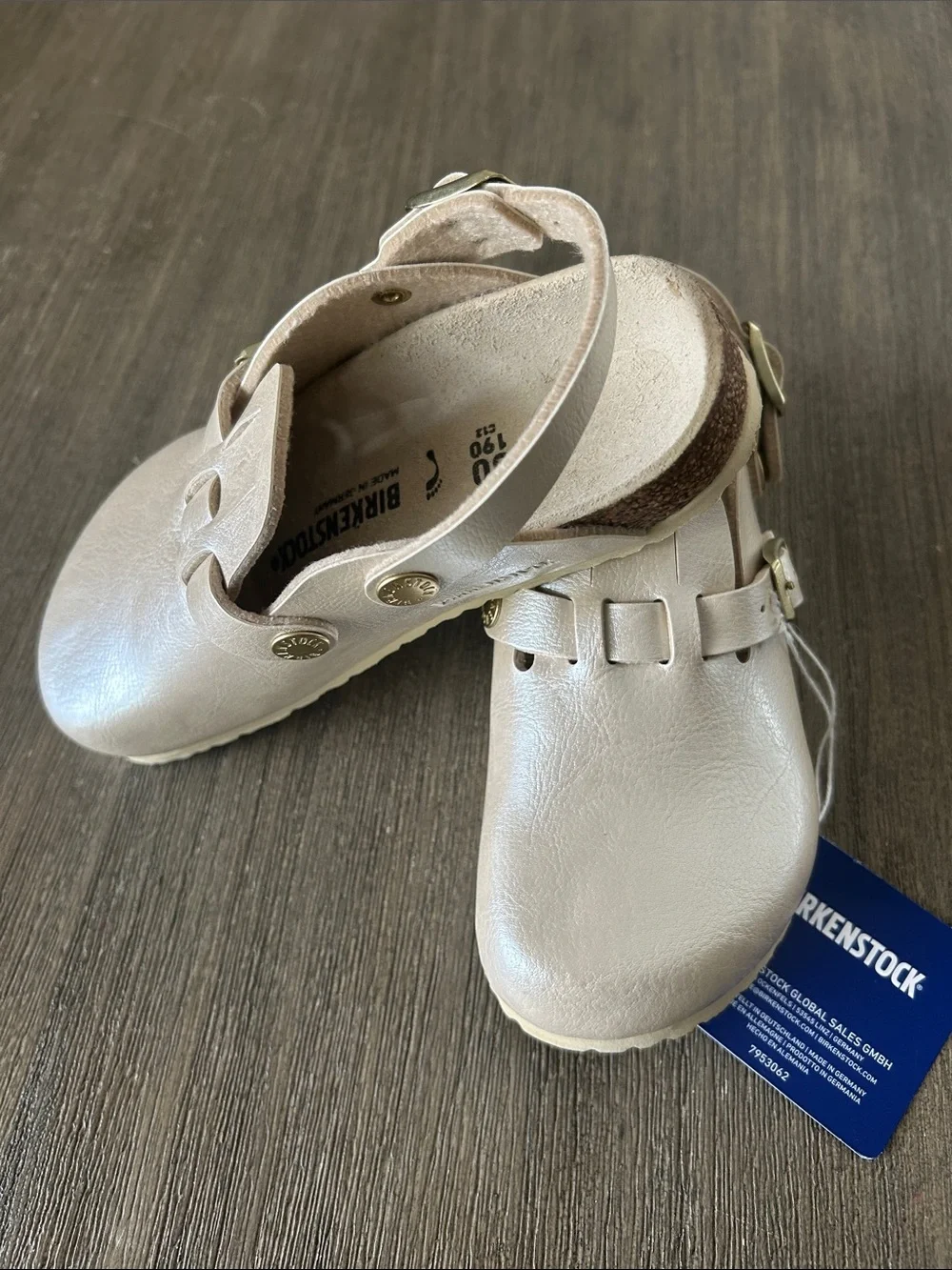 Birkenstock Kids Metallic Cream Slip-On Clogs, Size C12, New.